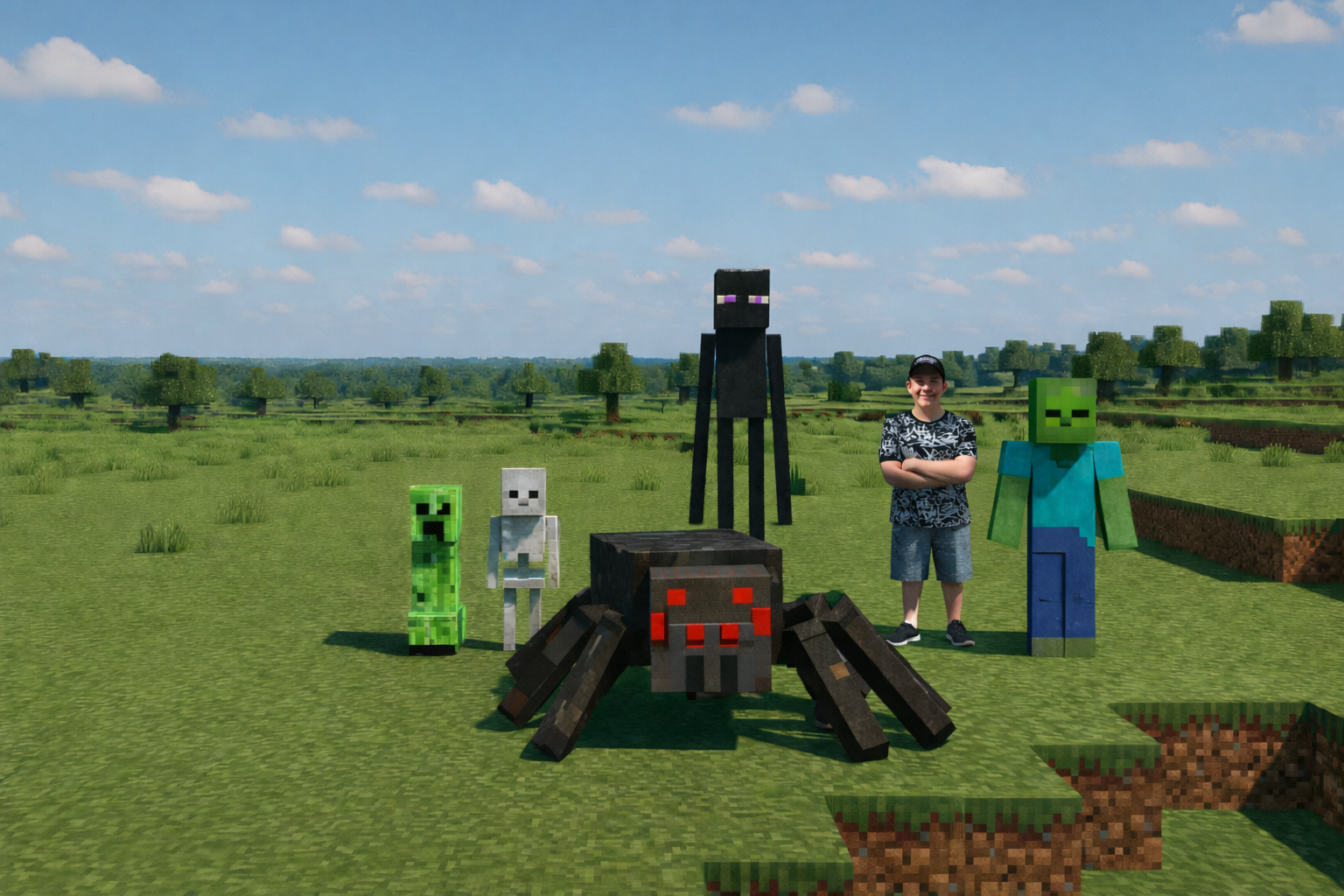 Minecraft landscape with blocky mountains, trees, and a sunset