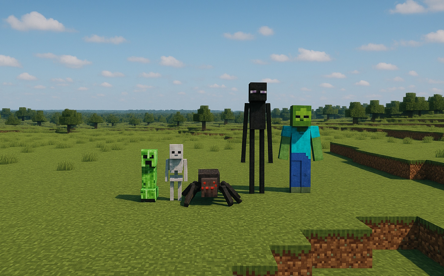 Minecraft landscape with blocky mountains, trees, and a sunset